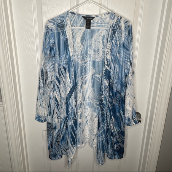 Ali Miles Sweaters - Ali Miles Art To Wear Open Front Longline Cardigan Paisley Jacquard Blue 1X